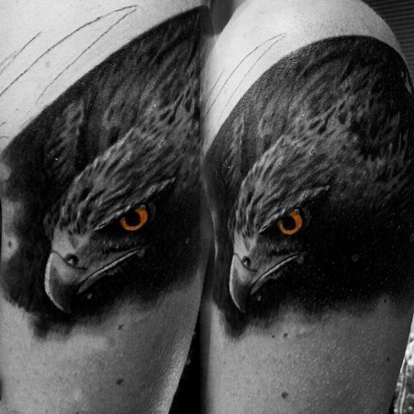 Stalking Hawk Black Tattoo On Males Bicep