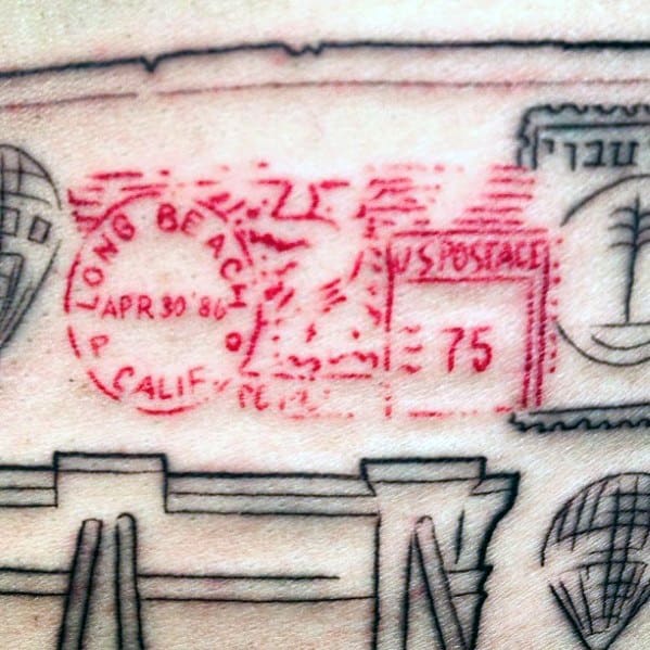 Red ink tattoo of a vintage Long Beach, California postmark with intricate postal details.