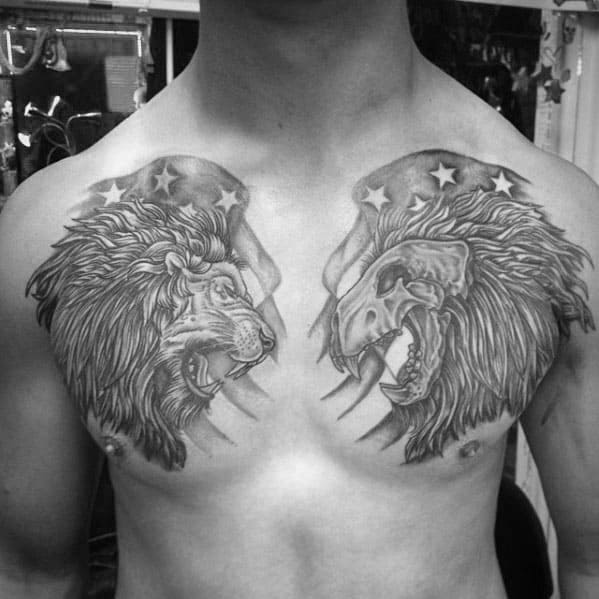 Star Flag Lion Skulls Mens Upper Chest Tattoos