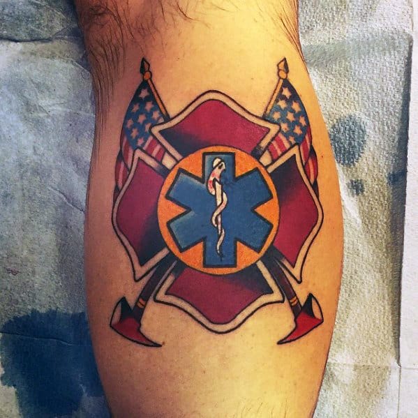 Star Of Life Ems Guys Back Of Leg Calf Tattoos