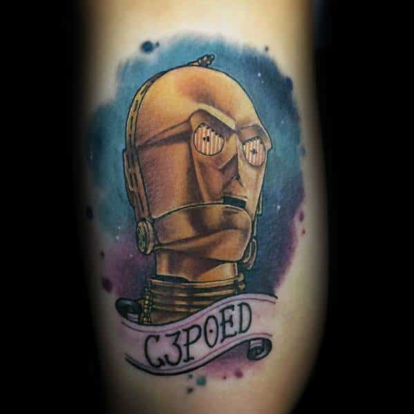 Vibrant C-3PO tattoo with a cosmic watercolor background and a banner reading "C3POED," blending realism with artistic flair.