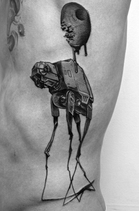 Black and grey tattoo combining Salvador Dali surrealism with sci-fi, featuring a spindly-legged AT-AT walker topped with a melting moon.