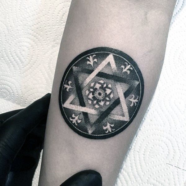 Star With Negative Space Dotwork Pattern Mens Small Detailed Forearm Tattoo