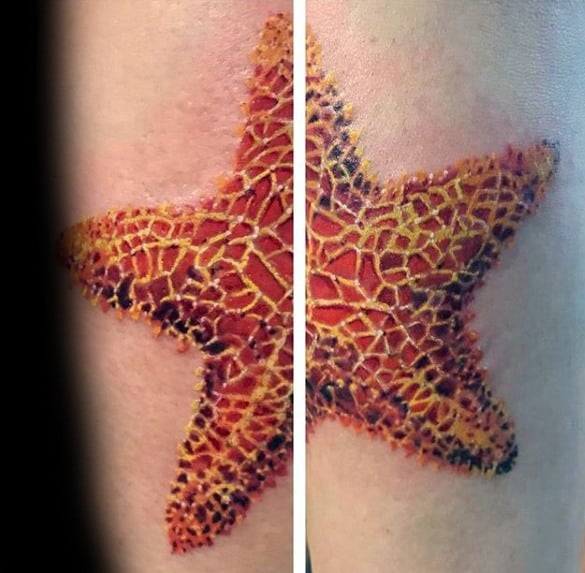 Bright orange starfish tattoo with intricate yellow mosaic-style pattern, creating a textured and vibrant appearance on the skin.
