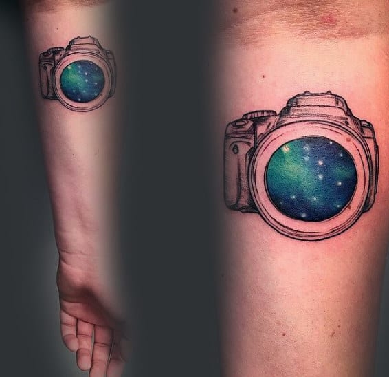 Starry Lens Of Camera Tattoo Male Forearms