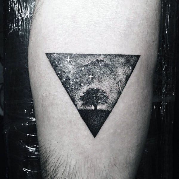 Starry Night Lone Tree In Triangle Tattoo On Arms For Men