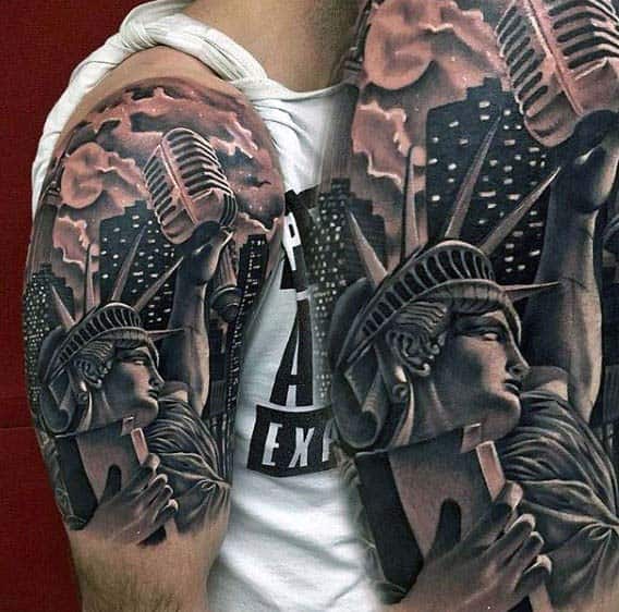 State Of Liberty With Microphone Nice Mens Half Sleeve Tattoos