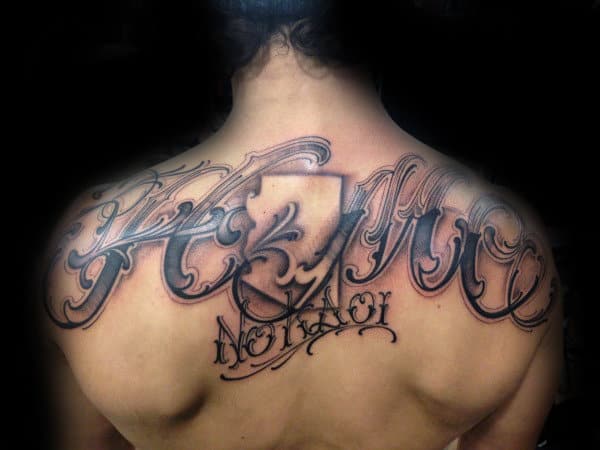 State With Last Name Male Upper Back Tattoo