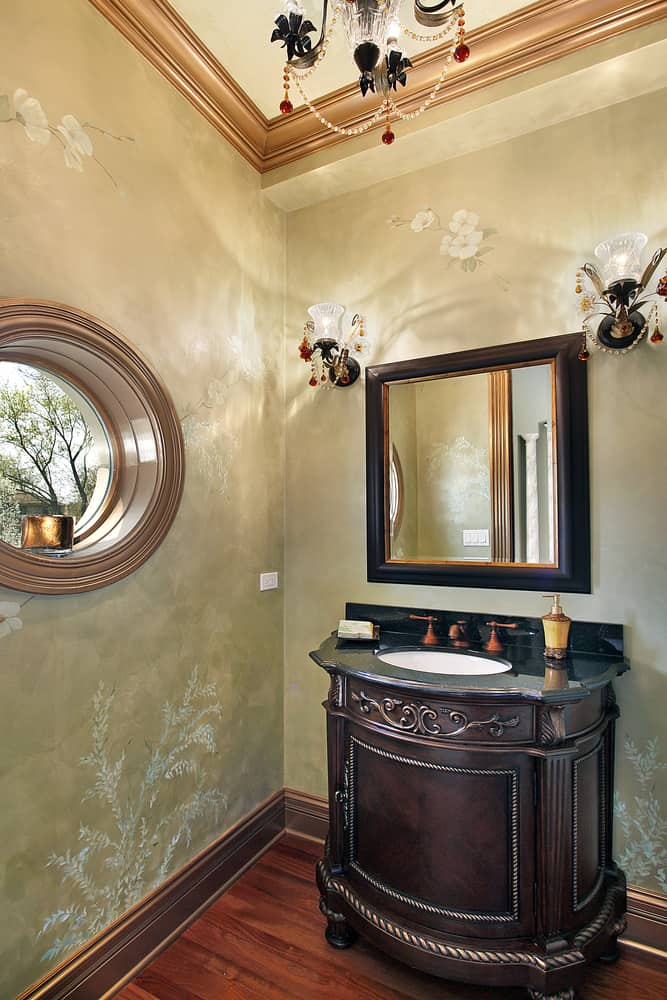 vintage powder room with ornate vanity