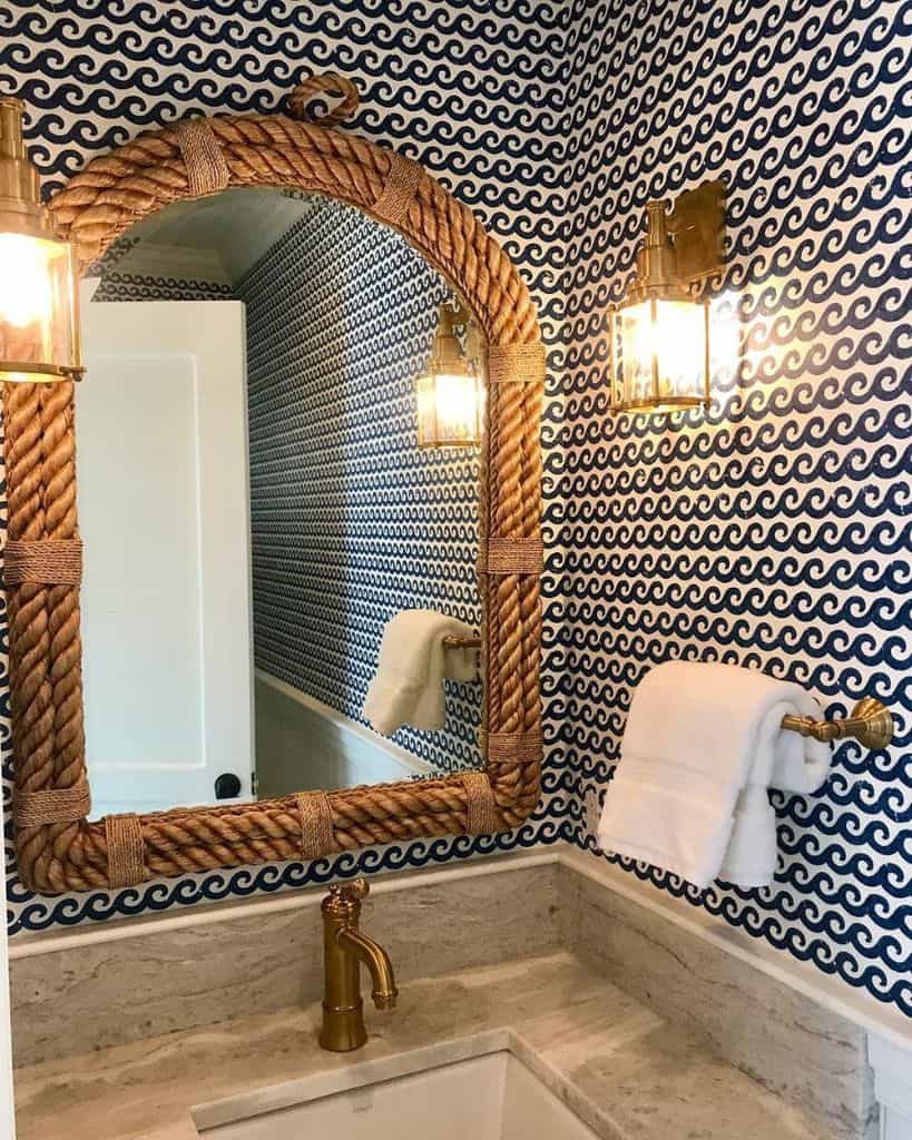 wave wallpaper in nautical themed powder room 