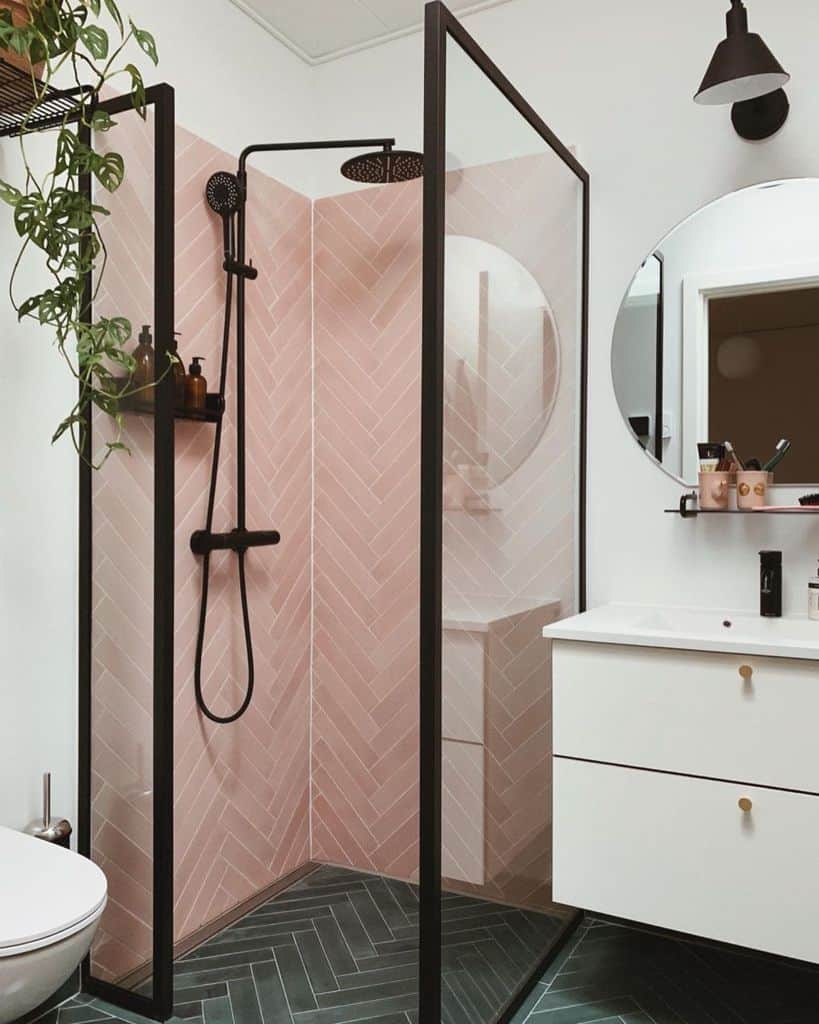 pink tile shower in modern bathroom