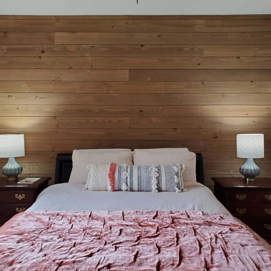 shiplap wood panel feature wall bedroom