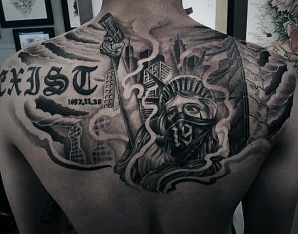 Statue Of Liberty Gun And Mask Tattoo For Mens Back