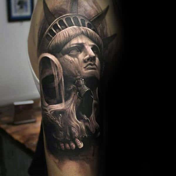 Statue Of Liberty With Skull Black Ink Male Arm Tattoo