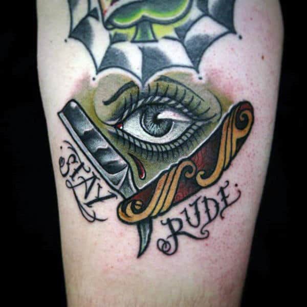 Stay Rude Straight Razor Tattoo With Crystal Eye Guys Forearm