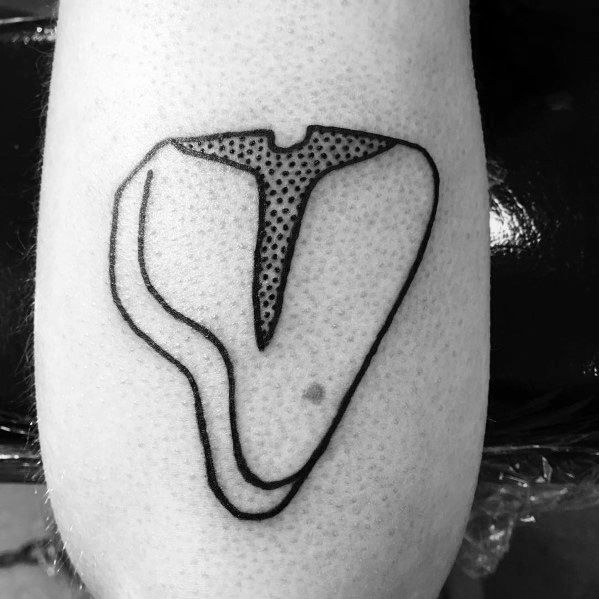 Minimalist black ink tattoo of a T-bone steak with bold outlines and dot shading, creating a simple yet stylish meat-inspired design.
