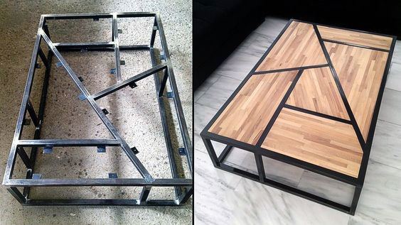 Metal-framed table structure on the left, completed table with geometric wood design top on the right