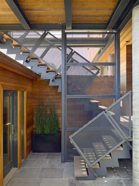 Modern staircase with wooden accents and a potted plant underneath, bathed in indoor natural light