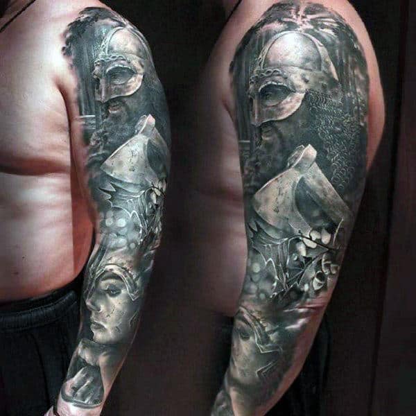 Steely Grey Realistic Tattoos Of Warrior Guys Full Sleeves