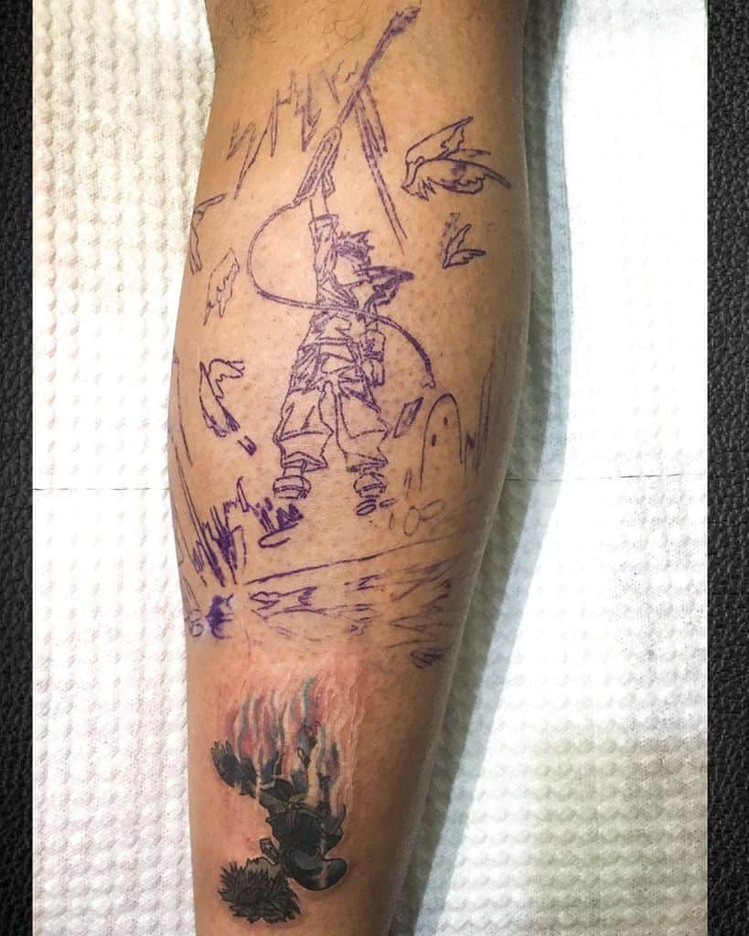 Kingdom Hearts tattoo in progress featuring a sketch of Sora reaching upward, with a completed design below showing Sora falling in darkness.