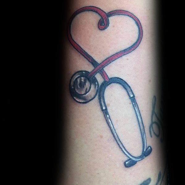 Colorful stethoscope tattoo with the tubing forming a heart shape, symbolizing love for the medical field and dedication to patient care.