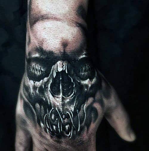 Stitched Skull Mens Hand Tattoo