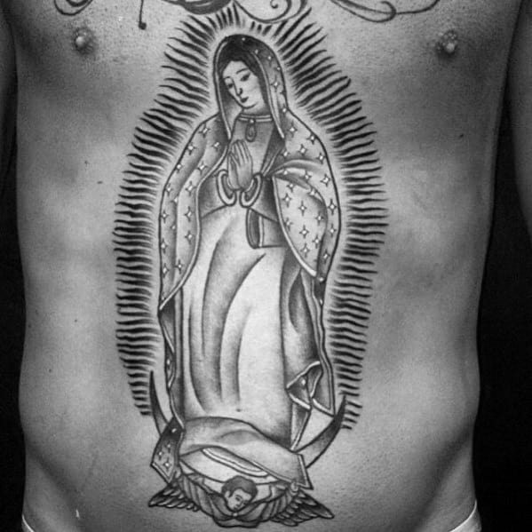 Stomach And Chest Guadalupe Tattoo Design On Man