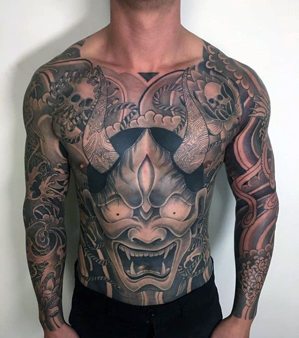 Stomach And Chest Hannya Mask Tattoos For Males