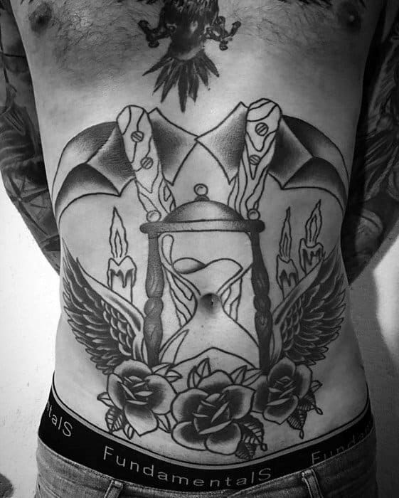 Stomach Chest Hourglass Scythe Mens Tattoo Designs