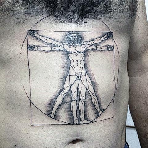 Stomach Drawing Tattoo Of Vitruvian Man On Gentleman