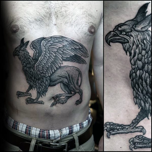Stomach Griffin Dotwork Tattoos For Men