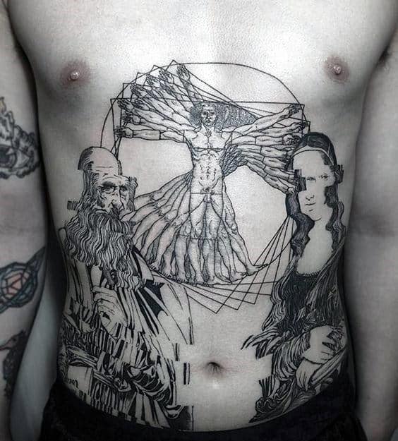 Stomach Guys Vitruvian Man And Leonardo Da Vinci Portrait Tattoo