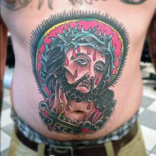 Stomach Jesus Cross Guys Old School Traditional Tattoos