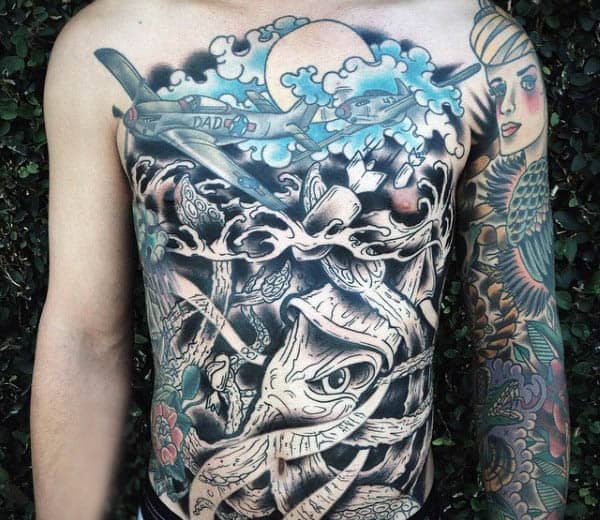 Stomach Mens Japanese Squid Tattoos