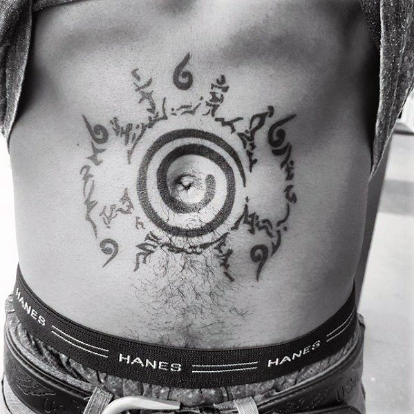 Circular seal tattoo on the abdomen, inspired by Naruto's Nine-Tails seal design with intricate patterns