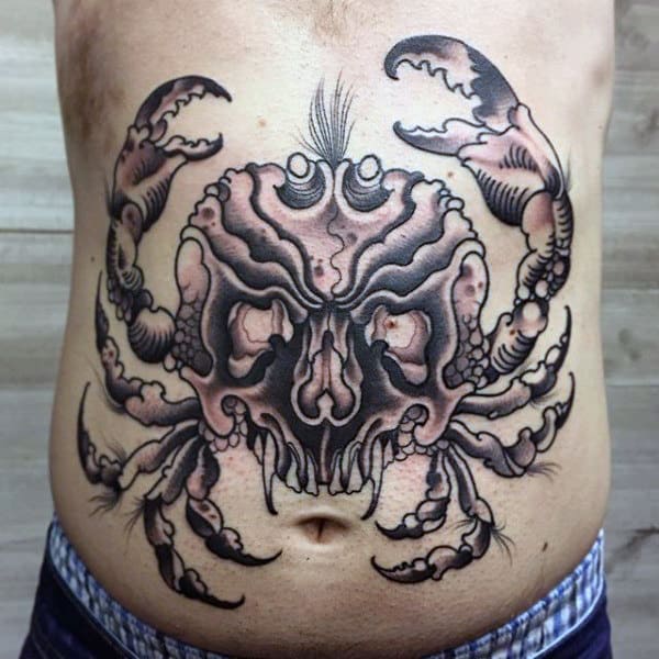 Stomach Old School Guys Black Ink Skull Crab Tattoos