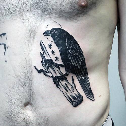 Stomach Tattoo Of Traditional Crow Standing On Tree Branch For Men