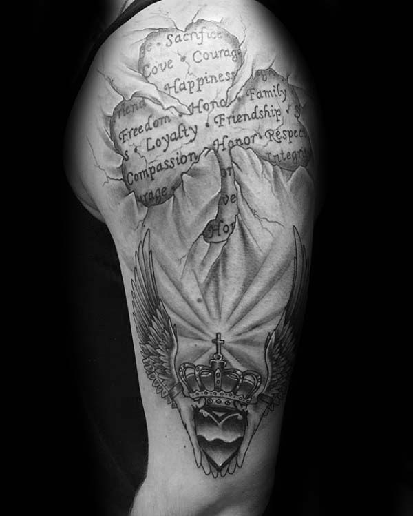 Stone 3d Claddagh With Three Leaf Clover Guys Irish Quote Arm Tattoos