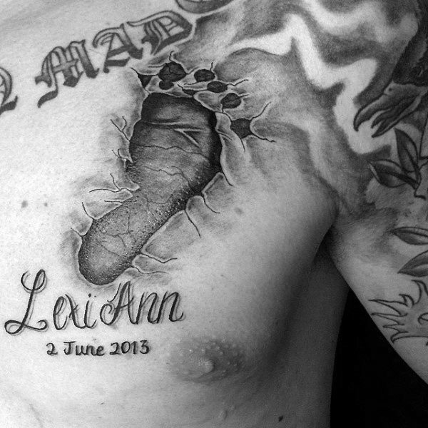 Stone 3d Footprint Upper Chest Tattoo On Gentleman