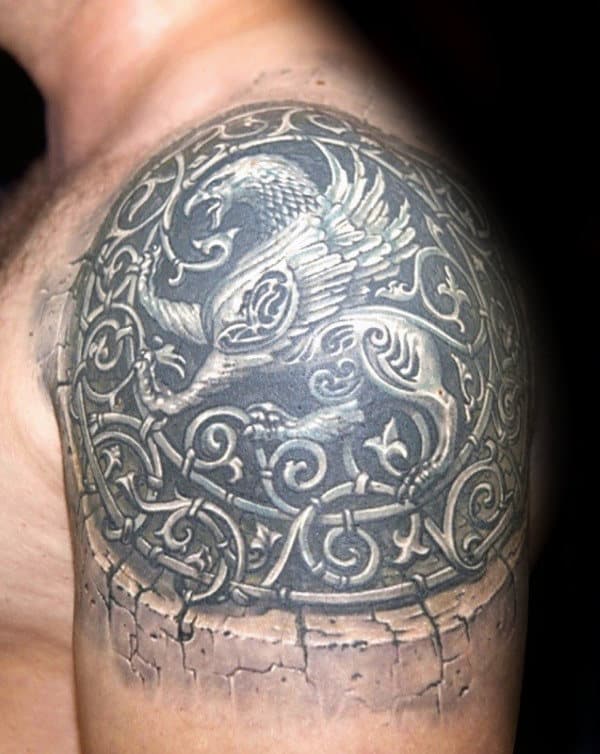 Stone 3d Male White Ink Griffin Shoulder Cap Tattoos