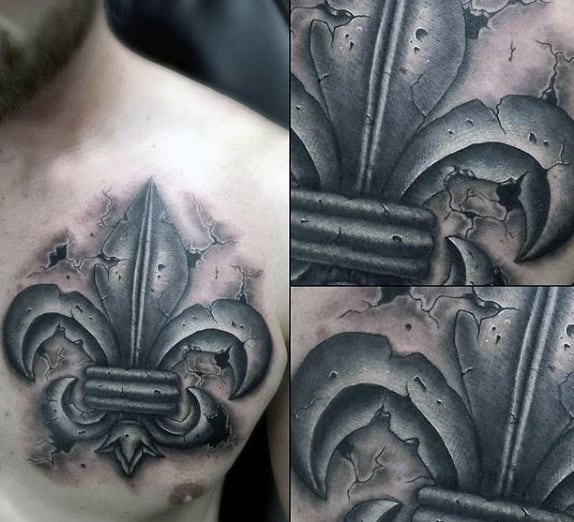 Stone 3d Mens Fleur De Lis Chest Tattoos