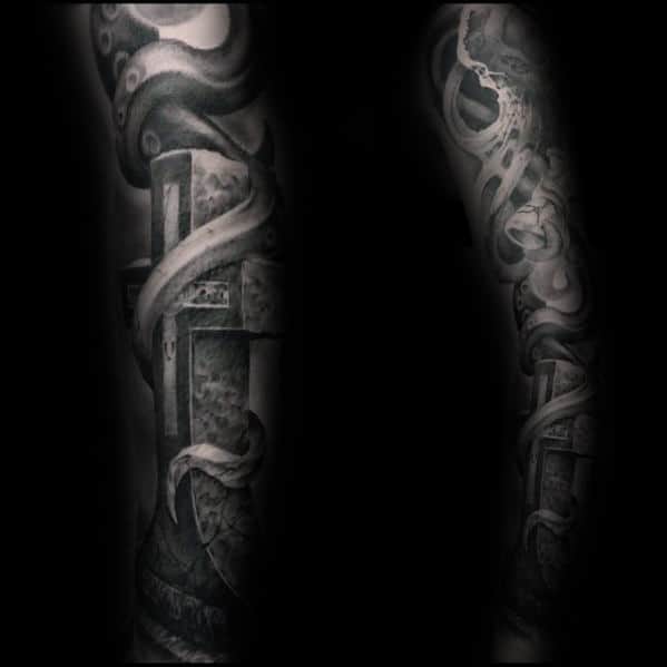 Stone 3d Mens Shaded Awesome Black And Grey Ink Full Sleeve Tattoo Ideas