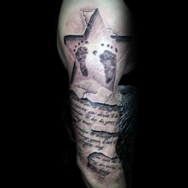 Stone 3d Quote Footprint Star Mens Sleeve Tattoo
