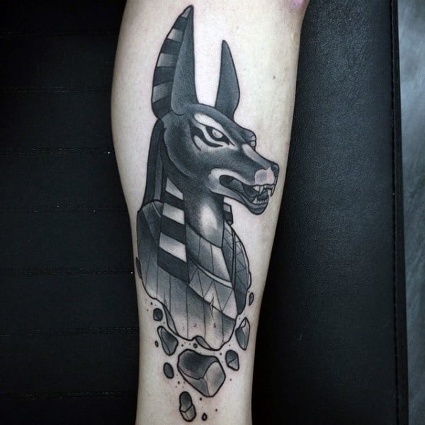 Stone Anubis Mens Leg Tattoos