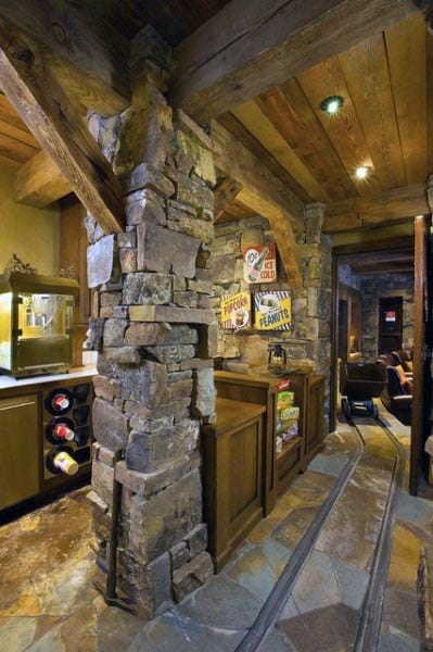 Stone Beam Rustic Basement Ideas