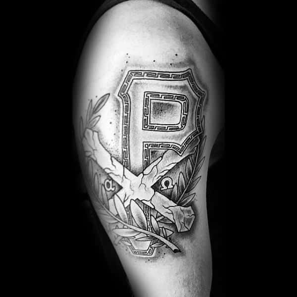 Stone Chi Rho Mens Upper Arm Tattoos