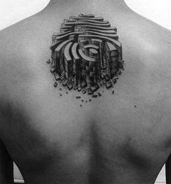 Stone Fingerprint Upper Back Tattoos For Guys