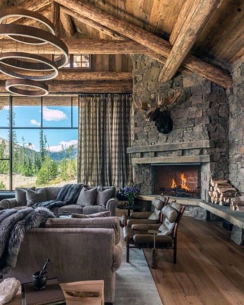 Stone Fireplace With Wood Ceiling Log Cabin Great Room Ideas