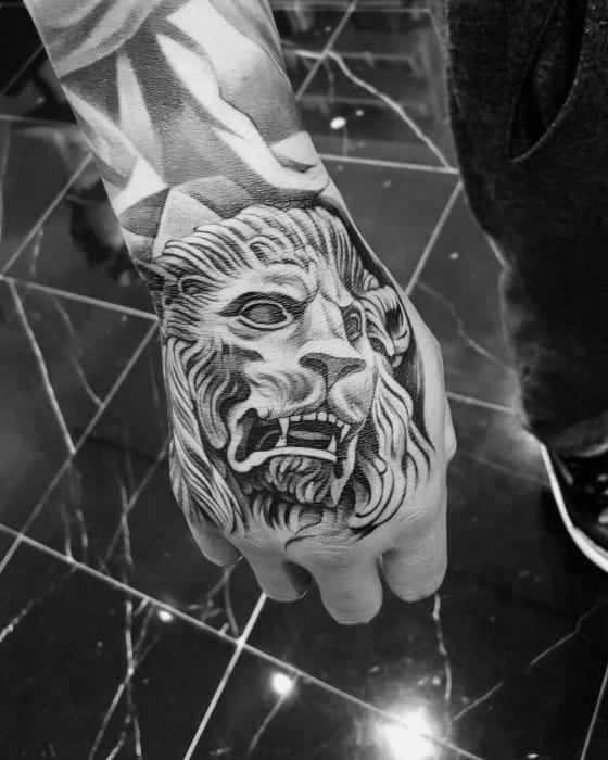 Stone Lion Mens Masculine Hand Tattoo Designs