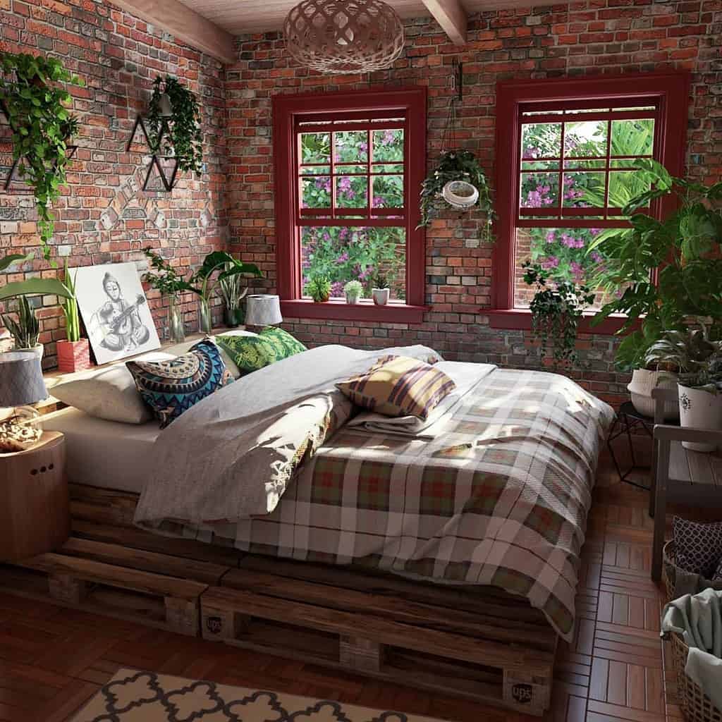 rustic brick bedroom with lots of plants